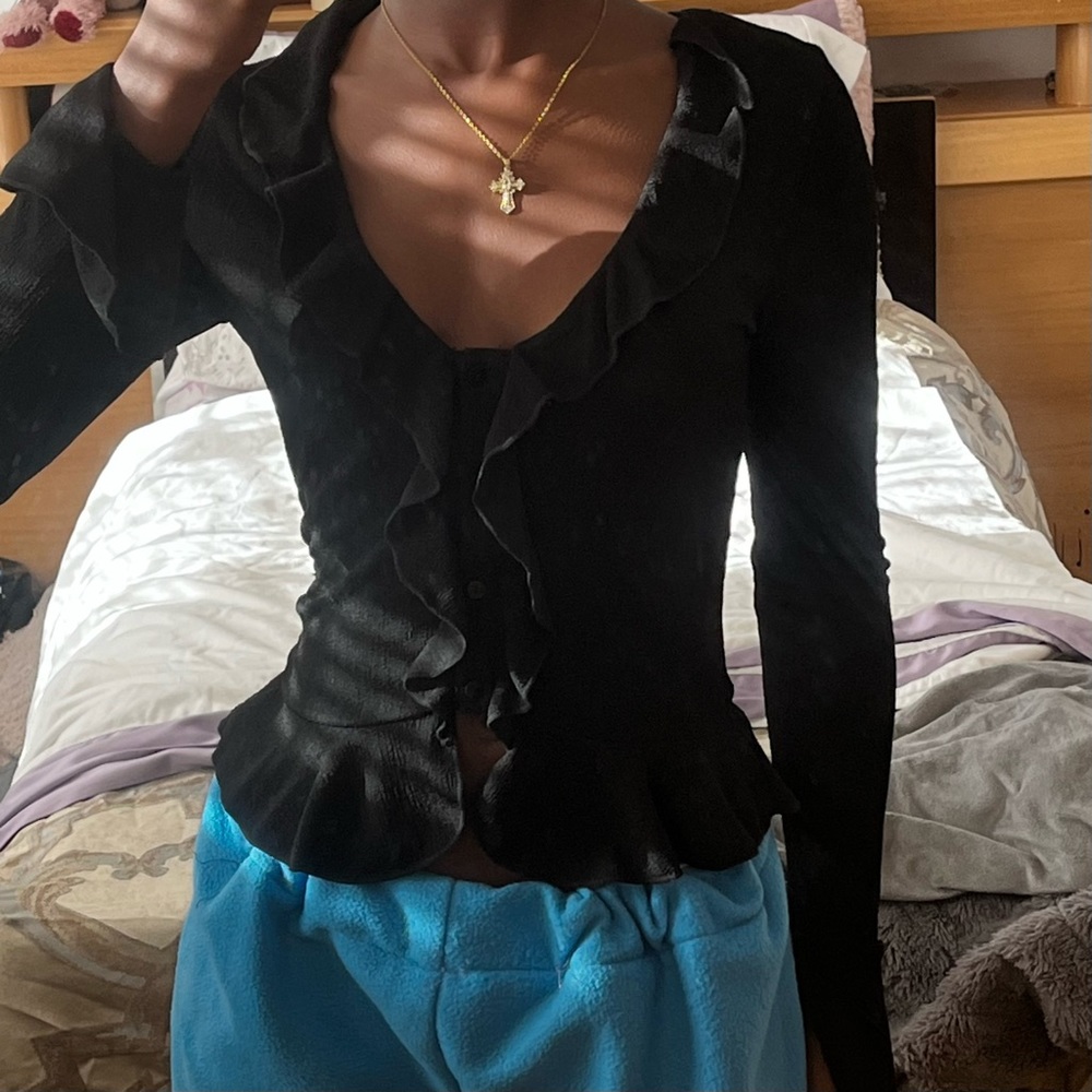 white fox boutique black ruffle button up top  feel my love long sleeve top